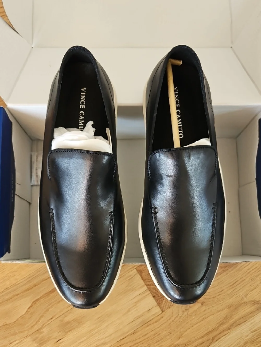 Vince Camuto Black Leather Slip-On Loafers with White Sole